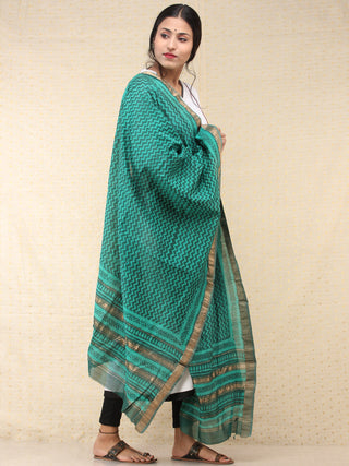 Green Black Chanderi Hand Block Printed Dupatta - D04170727