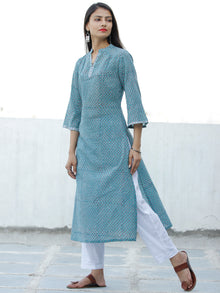 Sky Blue Rust Black White Hand Block Printed Cotton Kurta & White Pants - SS01F1909