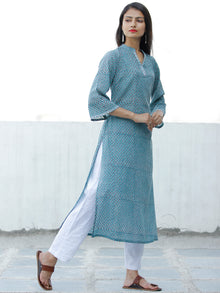 Sky Blue Rust Black White Hand Block Printed Cotton Kurta & White Pants - SS01F1909