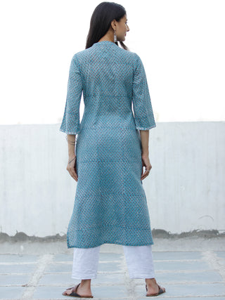 Sky Blue Rust Black White Hand Block Printed Cotton Kurta & White Pants - SS01F1909