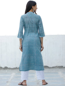 Sky Blue Rust Black White Hand Block Printed Cotton Kurta & White Pants - SS01F1909