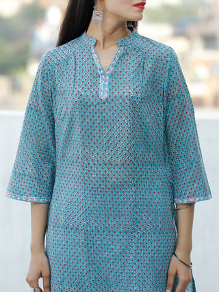 Sky Blue Rust Black White Hand Block Printed Cotton Kurta & White Pants - SS01F1909