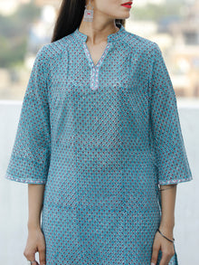 Sky Blue Rust Black White Hand Block Printed Cotton Kurta & White Pants - SS01F1909