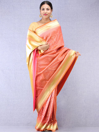 Banarasee Chanderi Silk Paisley Saree With Zari Border - Dual tone Orange Pink & Gold - S031704347