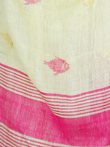 Pastel Yellow Pink Handwoven Linen Jamdani Saree With Fish Motif & Zari - S031703474