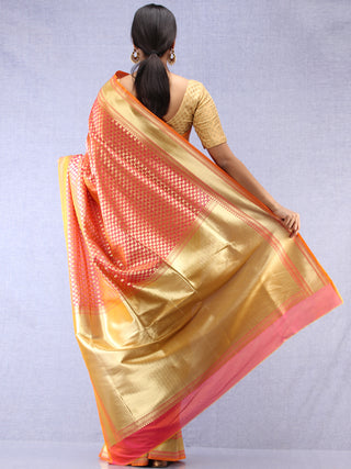 Banarasee Chanderi Silk Paisley Saree With Zari Border - Dual tone Orange Pink & Gold - S031704347