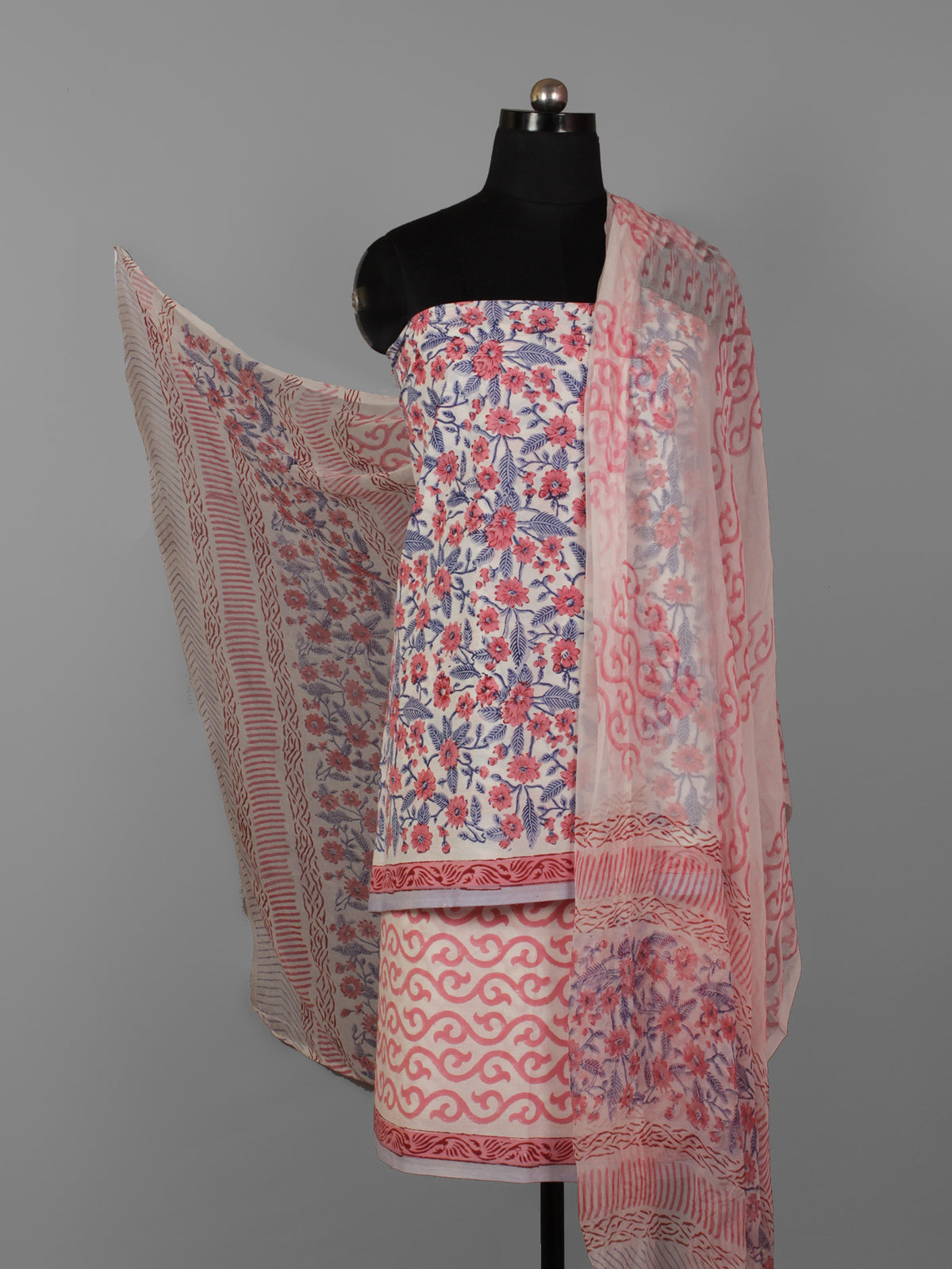 White Pink Blue Grey Hand Block Printed Cotton Suit-Salwar Fabric With Chiffon Dupatta (Set of 3) - S16281318