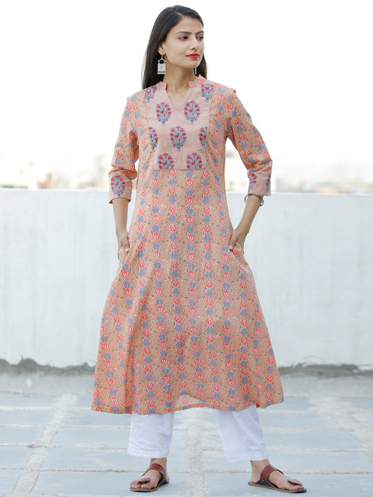 Peach Blue Coral Green Grey Hand Block Printed Cotton Kurta - K183F1894
