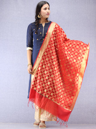 Banarasi Chanderi Dupatta With Zari Work - Red & Gold - D04170832