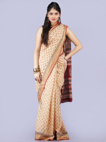 Ivory Red Black Printed Maheshwari Cotton Saree - S031704273