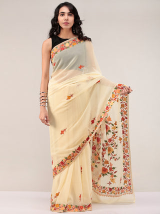 Beige Aari Embroidered Georgette Saree From Kashmir - S031704664