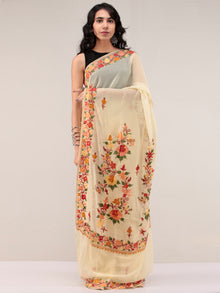 Beige Aari Embroidered Georgette Saree From Kashmir - S031704664