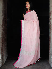 Pastel Pink Handwoven Linen Saree With Silver Zari - S031703473