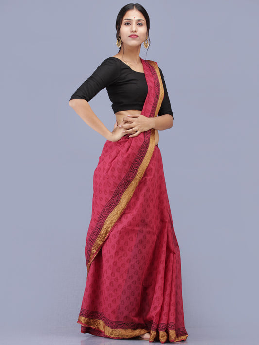 Magenta Pink Red Black Bagh Printed Maheshwari Cotton Saree - S031704212