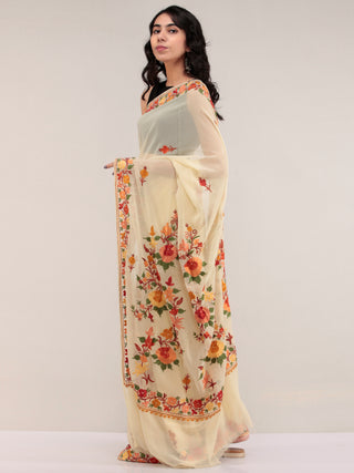 Beige Aari Embroidered Georgette Saree From Kashmir - S031704664
