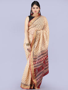 Ivory Red Black Printed Maheshwari Cotton Saree - S031704273