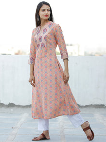 Peach Blue Coral Green Grey Hand Block Printed Cotton Kurta - K183F1894