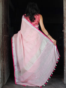 Pastel Pink Handwoven Linen Saree With Silver Zari - S031703473