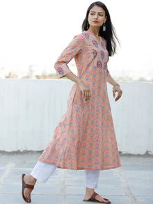 Peach Blue Coral Green Grey Hand Block Printed Cotton Kurta - K183F1894