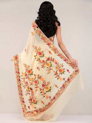 Beige Aari Embroidered Georgette Saree From Kashmir - S031704664