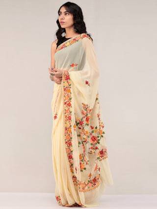 Beige Aari Embroidered Georgette Saree From Kashmir - S031704664
