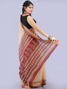 Ivory Red Black Printed Maheshwari Cotton Saree - S031704273