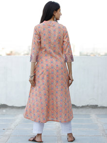 Peach Blue Coral Green Grey Hand Block Printed Cotton Kurta - K183F1894