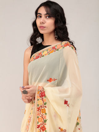 Beige Aari Embroidered Georgette Saree From Kashmir - S031704664