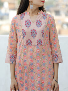 Peach Blue Coral Green Grey Hand Block Printed Cotton Kurta - K183F1894