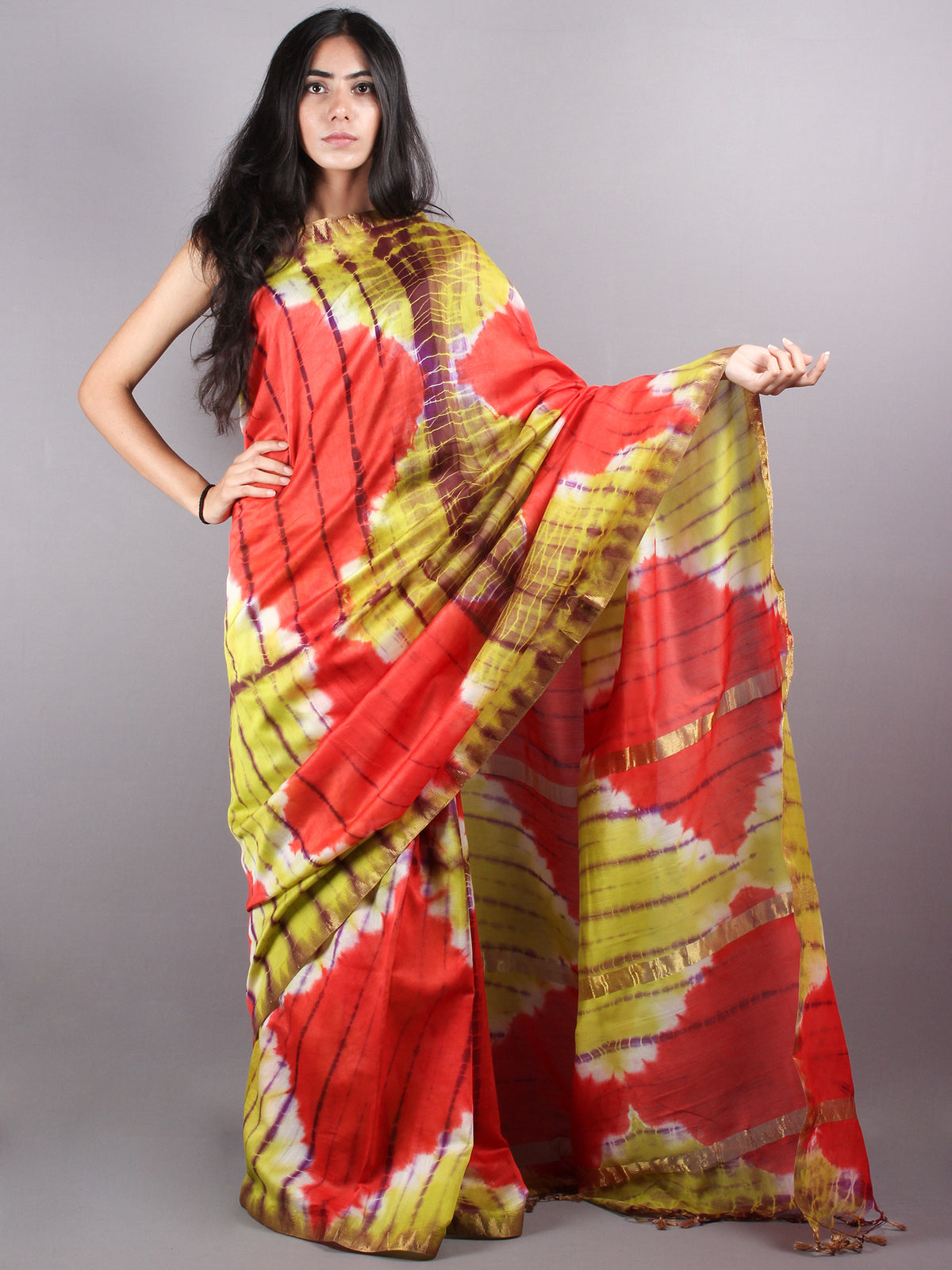 Red Mint Green Red Marvel Hand Shibori Dyed in Natural Colors Chanderi Saree with Geecha Border - S03170140