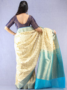 Banarasee Semi Silk Saree With Zari Border - Off White Blue & Gold - S031704350