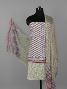 White Green Pink Hand Block Printed Cotton Suit-Salwar Fabric With Chiffon Dupatta (Set of 3) - S16281319