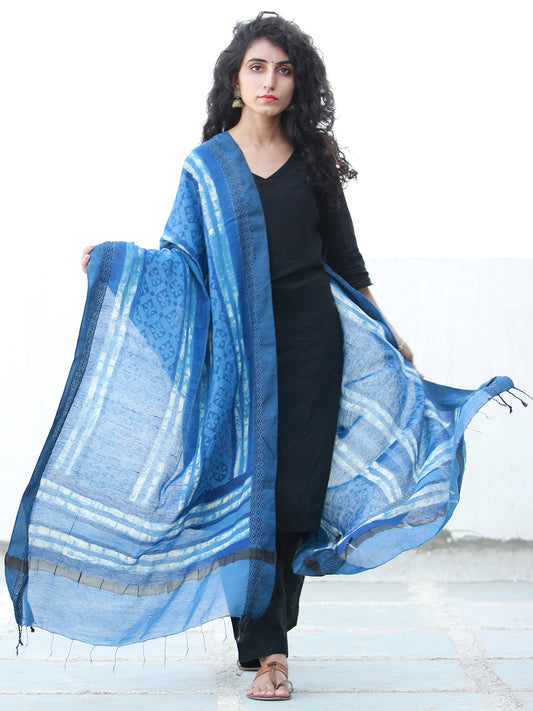 Indigo White Cotton Silk Hand Block Printed Dupatta - D04170490