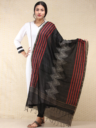 Black Red Chanderi Hand Block Printed Dupatta - D04170729