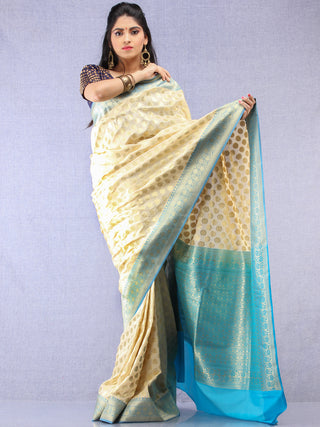 Banarasee Semi Silk Saree With Zari Border - Off White Blue & Gold - S031704350
