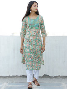 Light Green Peach OffWhite Block Printed Cotton Kurta - K195F1929