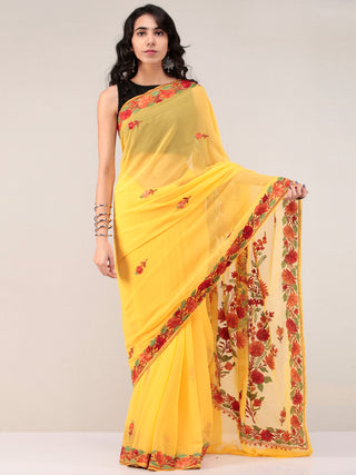 Yellow Aari Embroidered Georgette Saree From Kashmir - S031704665