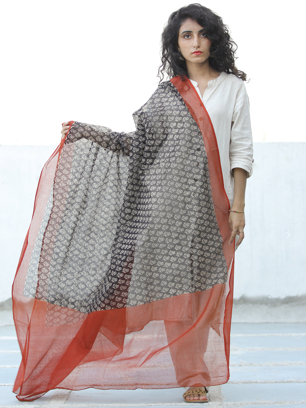 Rust Black Ivory Kota Doria Cotton Hand Block Printed Dupatta  - D04170671