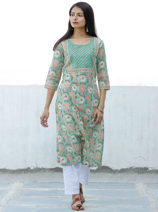 Light Green Peach OffWhite Block Printed Cotton Kurta - K195F1929