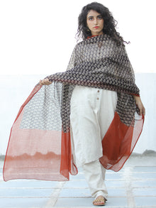 Rust Black Ivory Kota Doria Cotton Hand Block Printed Dupatta  - D04170671