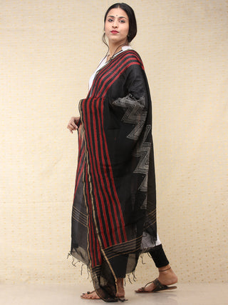Black Red Chanderi Hand Block Printed Dupatta - D04170729