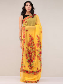 Yellow Aari Embroidered Georgette Saree From Kashmir - S031704665