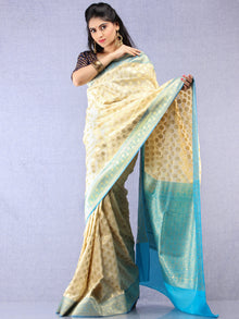 Banarasee Semi Silk Saree With Zari Border - Off White Blue & Gold - S031704350