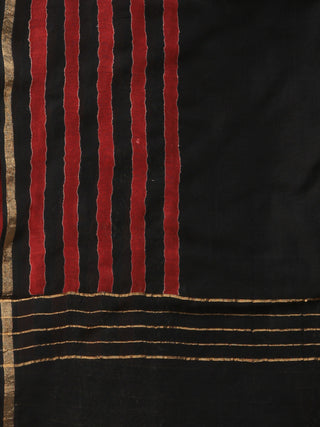 Black Red Chanderi Hand Block Printed Dupatta - D04170729