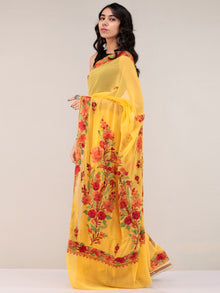 Yellow Aari Embroidered Georgette Saree From Kashmir - S031704665