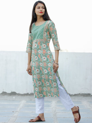 Light Green Peach OffWhite Block Printed Cotton Kurta - K195F1929