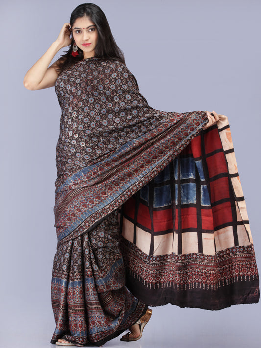 Black Indigo Maroon Ajrakh Hand Block Printed Modal Silk Saree - S031704202