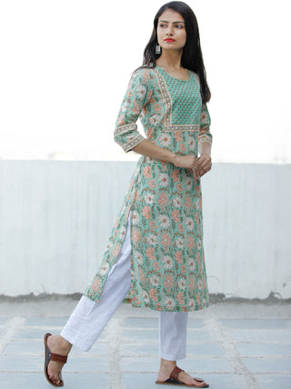 Light Green Peach OffWhite Block Printed Cotton Kurta - K195F1929