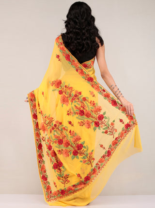 Yellow Aari Embroidered Georgette Saree From Kashmir - S031704665