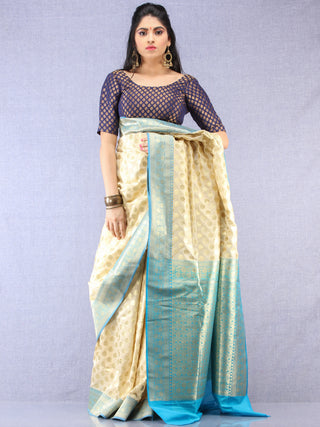 Banarasee Semi Silk Saree With Zari Border - Off White Blue & Gold - S031704350